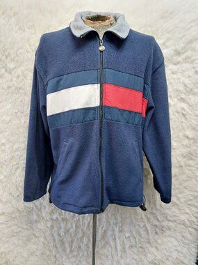 Vintage Tommy Jeans Hilfger Man's Navy Blue Quarter Zip Fleece Sweatshirt L